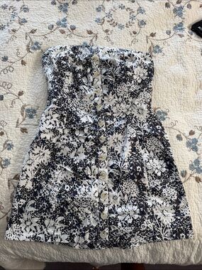 Free People Strapless Black & White Floral Button-Up Dress